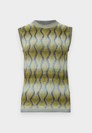 Nátelník bez rukávov s vysokým golierom v zelenej a modrej farebnej gradácii s vertikálnym vlnitým pruhovým vzorom a žebrovanými okrajmi.