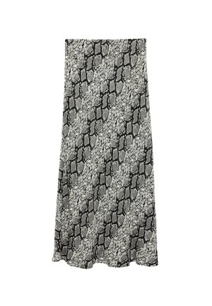 Jupe longue noire et blanche à motif peau de serpent, légèrement évasée avec un tissu texturé.