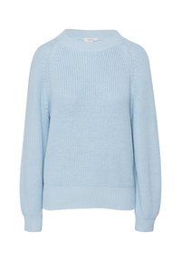 Helles blaues, gestricktes Sweatshirt mit rundem Ausschnitt, Raglanärmeln, gerippten Bündchen und Saum, das ein strukturiertes Stoffmuster aufweist.