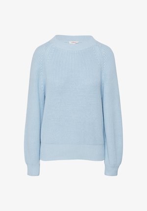 Pull en maille bleu clair avec un col rond, des manches raglan, des poignets et un ourlet côtelés, présentant un motif de tissu texturé sur l'ensemble.