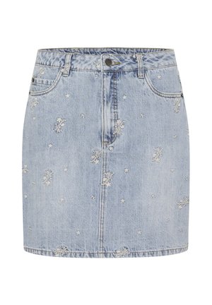 Džínová mini sukně ve světle modré barvě s květinovou výšivkou, s designem pěti kapes, poutky na pásek a předním zapínáním na knoflík.
