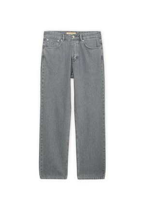 Grijze rechte spijkerbroek met knoopsluiting aan de voorkant, riemlussen en vijf zakken, inclusief een klein muntzakje.