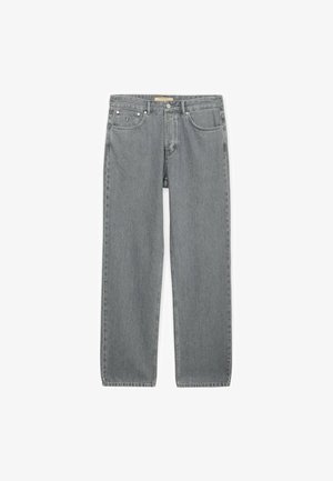 Grå straight-fit cowboybukser med knaplukning foran, bæltestropper og design med fem lommer, herunder en lille møntlomme.