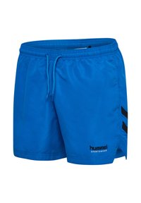 Blå atletiska shorts i syntetmaterial, med resårmidja, dragsko och svarta sidodelar med varumärkeslogotyp.