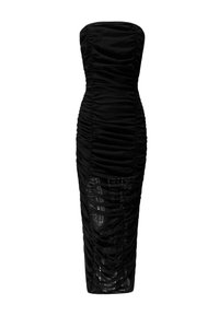 Zwart, strapless jurk met ruches overal, met een figuuraccentuerende pasvorm en transparante, gelaagde onderrand. Gemaakt van zachte stof.