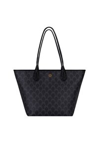 Large black tote bag with textured diamond pattern and braided handles. Centered logo in gold adds a stylish detail.