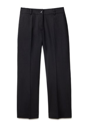 Pantalon formel noir sur mesure avec fermeture à boutons et zip à l'avant, passants de ceinture et coupe droite.