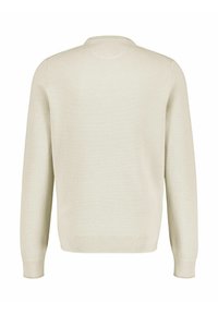 Helles beige gestricktes Sweatshirt mit einem strukturierten Muster, rundem Ausschnitt und gerippten Bündchen und Saum. Einfaches und vielseitiges Design.