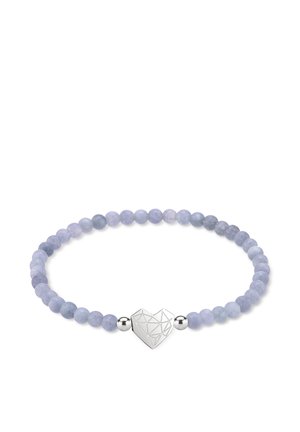 Bracelet with round lavender beads and a silver geometric heart charm flanked by two silver round beads, on a white background.