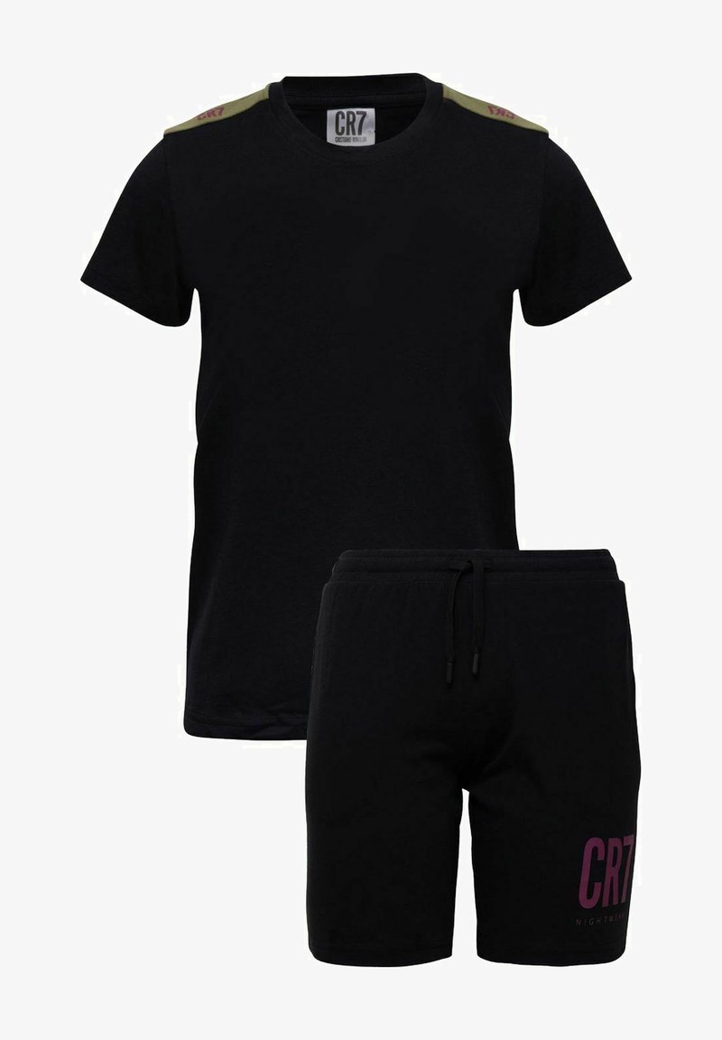 Black cotton short-sleeve t-shirt with green shoulder accents and black shorts featuring a purple "CR7" logo. Casual loungewear set.