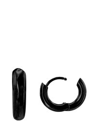 Schwarze Creolen mit glänzender Oberfläche, die ein rundes, geschwungenes Design und einen sicheren Verschlussdetail bieten.