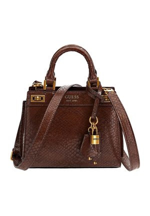 Brown textured leather Guess handbag with top handles, detachable shoulder strap, gold-tone hardware, and a decorative padlock charm.