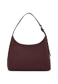 Borsa hobo in pelle borgogna con una texture liscia, ampia tracolla e dettagli di cucitura distintivi lungo un lato.