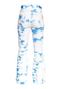White ski pants featuring a blue cloud pattern, with a straight leg design and back pocket. Includes an adjustable waistband.