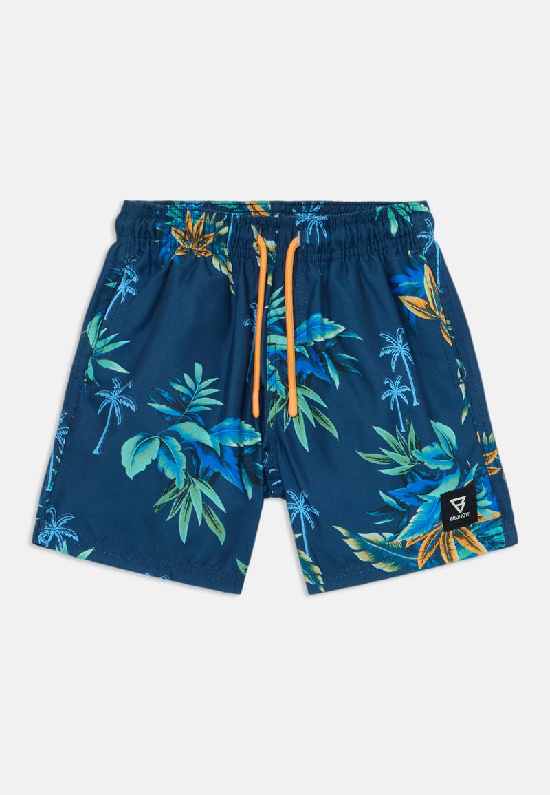 Blå badshorts med ett tropiskt bladmönster i grönt och orange. Inkluderar en elastisk midja med kontrasterande snöre och logotypetikett.
