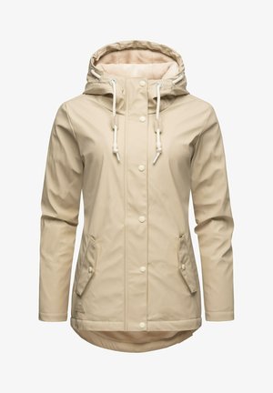 Beige waterproof jacket with a hood, featuring white drawstrings, snap buttons, two side pockets, and a soft inner lining.