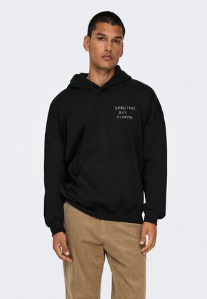 Black hoodie made of cotton-blend fabric, featuring a front kangaroo pocket and white text “GANGSTERS BUY FLOWERS” on the chest.