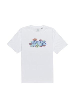 White cotton t-shirt featuring colorful graphic design with stylized text, mushrooms, and a character on the front center. Short sleeves.