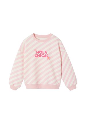Rosa-weiß gestreifter Sweatshirt mit diagonalen Streifen, Aufschrift "HOLA CHICAS" und zwei rosa Blumenmotiven auf der Vorderseite, mit gerippten Bündchen und Saum.