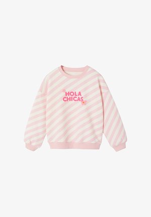 Pink and white diagonal striped sweatshirt with "HOLA CHICAS" text and two pink flower graphics on the front, ribbed cuffs and hem.