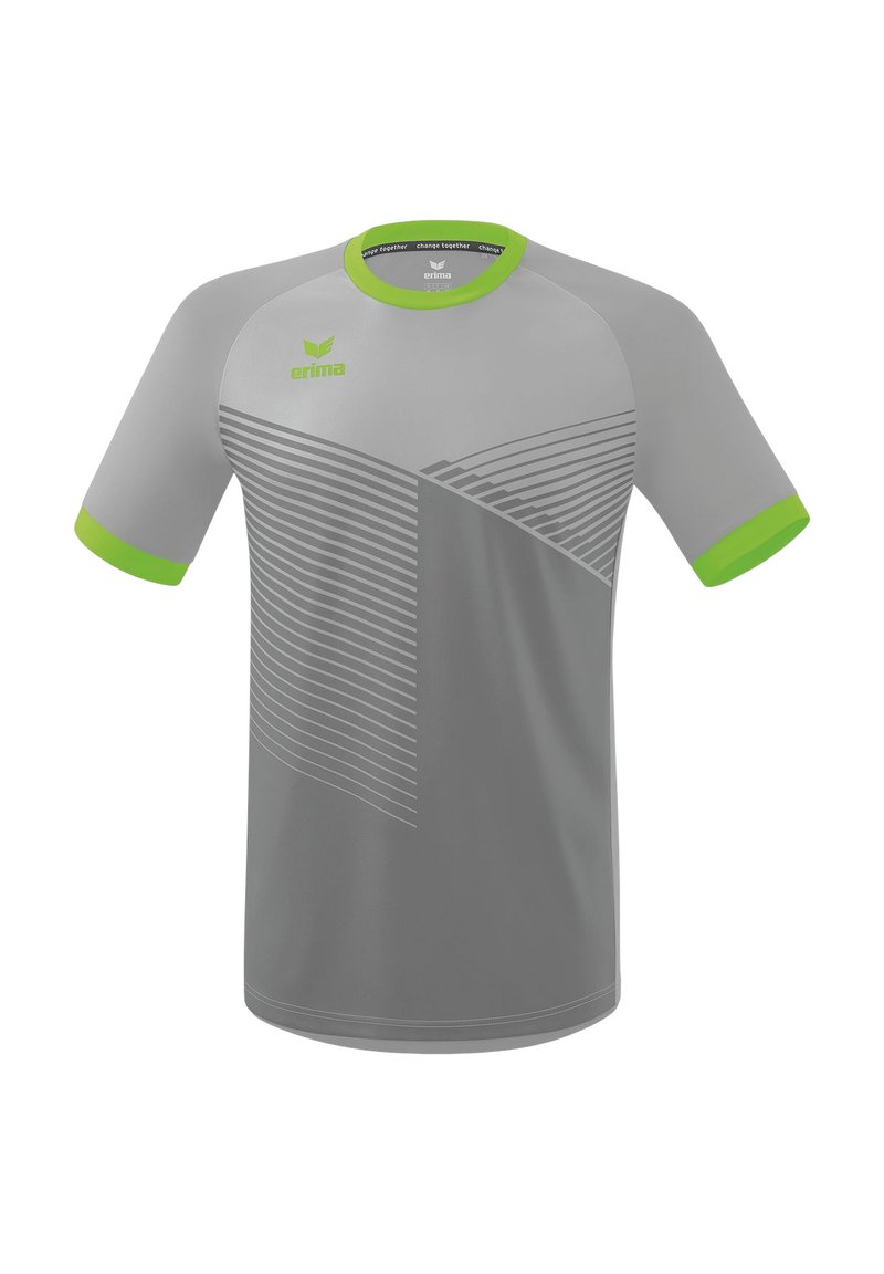 T-shirt atletico grigio a maniche corte, con un accento verde al colletto e ai polsini, e strisce diagonali grigio chiaro che attraversano la parte anteriore.
