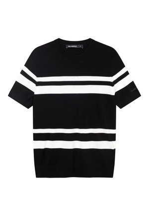 Schwarzes Strickoberteil mit kurzen Ärmeln und weißen horizontalen Streifen über Brust, Ärmeln und Saum, mit rundem Ausschnitt und Karl Lagerfeld-Label innen.