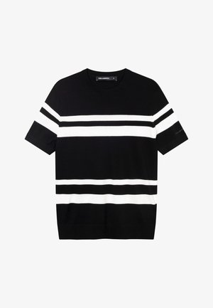 Czarny krótki sweter z krótkim rękawem z białymi poziomymi paskami na klatce piersiowej, rękawach i na dole, z okrągłym dekoltem i metką Karl Lagerfeld wewnątrz.