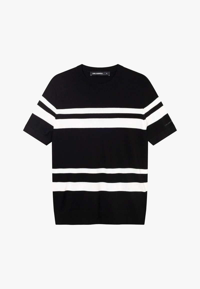 Černý krátký pletený top s bílými vodorovnými pruhy přes hrudník, rukávy a lem, s kulatým výstřihem a štítkem Karl Lagerfeld uvnitř.