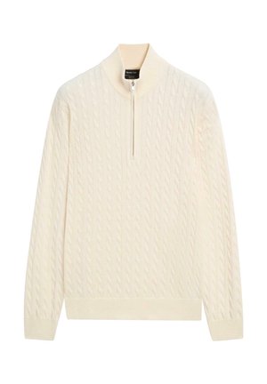 Krémově zbarvený svetr s vysokým límcem a polovičním zipem. Má vzor copánkového pletení a žebrované manžety a lem, které dodávají texturovaný vzhled.
