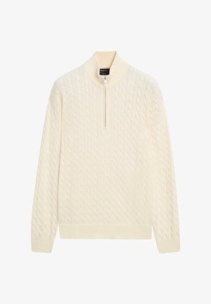 Sweter w kolorze kremowym z wysokim kołnierzem i zamkiem na pół. Posiada wzór warkocza oraz ściągacze na mankietach i u dołu, zapewniając teksturowany wygląd.