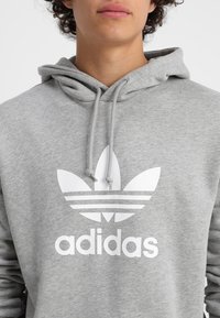 Mladý člověk s kudrnatými vlasy má na sobě šedou mikinu s velkým bílým logem Adidas na přední straně, s viditelnými šňůrkami u krku.