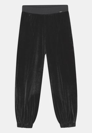 Pantalon de jogging noir velouté avec taille élastique et poignets froncés aux chevilles, conçu pour une tenue décontractée.