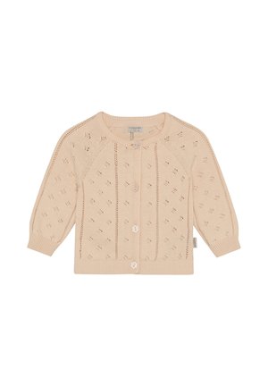 Beige knitted cardigan with a textured pattern, round neckline, long raglan sleeves, and decorative flower buttons. Suitable for infants.