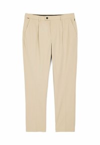 Beige Hose aus leichtem Stoff, mit flacher Vorderseite, zwei Seitentaschen und dezenten Falten. Einfache Knopfverschluss und Gürtelschlaufen.