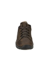 Brauner Wanderstiefel aus Leder mit einer strukturierten Oberfläche, runder Zehenpartie, gepolstertem Schaft und Schnürsenkeln, ausgestattet mit einer Gummisohle mit Traktionsrillen.
