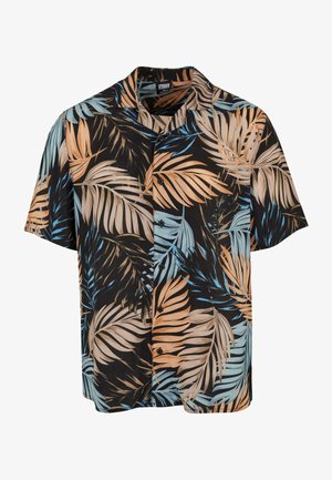 Lühikeste varrukatega särk, mis on tehtud kangast, millel on must taust ja suured, mitmevärvilised palmilehe mustrid beežil ja sinisel toonil.