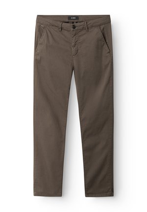 Brune chinos lavet af bomuld med en struktureret overflade. Har en knaplukning, bæltestropper og sidelommer. Klassisk lige ben-design.