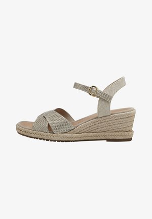 Sandal com cunha, com parte superior em tecido trançado em bege claro, design cruzado, tira no tornozelo com fivela, e palmilha envolvida em juta.