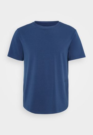 Marineblaues T-Shirt aus weicher Baumwolle mit Rundhalsausschnitt und kurzen Ärmeln. Verfügt über ein dezentes Logo-Detail near dem Saum.