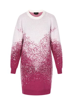 Rochie tricotată fucsia și albă, cu un model de paiete în degradé, mâneci lungi și decolteu rotund, având tivuri și manșete cu țesătură canal. 