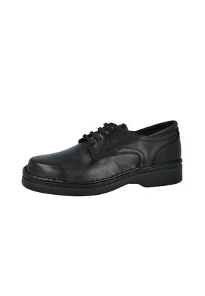 Zapato de vestir para hombre de cuero negro con cordones, puntera redondeada y suela acolchada, mostrado de perfil sobre fondo blanco.