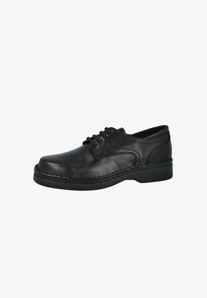 Zapato de vestir para hombre de cuero negro con cordones, puntera redondeada y suela acolchada, mostrado de perfil sobre fondo blanco.