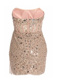 Robe mini rose sans bretelles avec corsage transparent, décorée de sequins et d'ornements miroir, silhouette ajustée et franges perlées sur un côté.