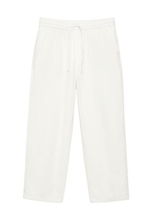 Pantalon blanc à coupe ample avec ceinture élastique et cordon de serrage, doté de poches latérales et de jambes droites.