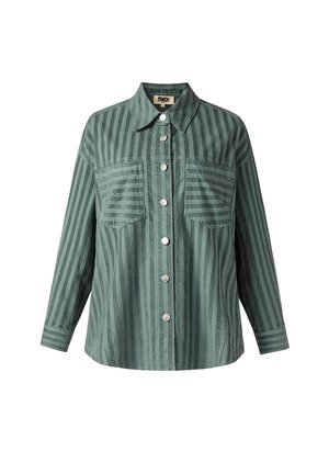 Groen gestreept shirt met lange mouwen, knopen aan de voorkant, twee borstzakken en een puntkraag op een witte achtergrond.