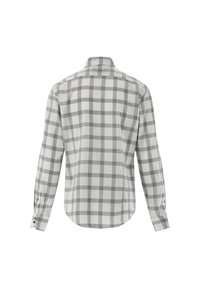 Camicia a maniche lunghe da uomo in tessuto leggero, caratterizzata da un motivo a scacchi grigio e bianco, colletto a punta e polsini con bottoni.
