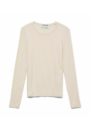 Beige ribbeltrui met lange mouwen en ronde hals, gemaakt van zachte stof, plat weergegeven met zichtbaar merklabel binnenin de kraag.