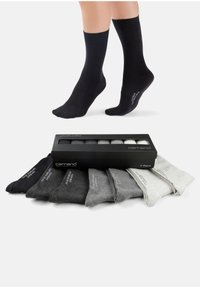 Schwarze und graue Socken, aus Baumwollmischung, in Knöchelhöhe, präsentiert in einer schwarzen Box. Sieben Paare mit glatter Textur und markiertem Logo-Detail.