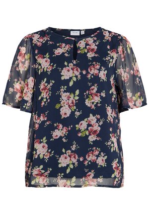 Blusa azul marino de manga corta con estampado floral en rosa y blanco y un pequeño detalle de escote con abertura en forma de ojo de cerradura.