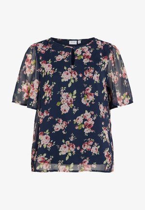 Marineblaue Kurzarmbluse mit pinkem und weißem Blumenmuster und kleinem Schlüsselloch-Ausschnitt am Ausschnitt.